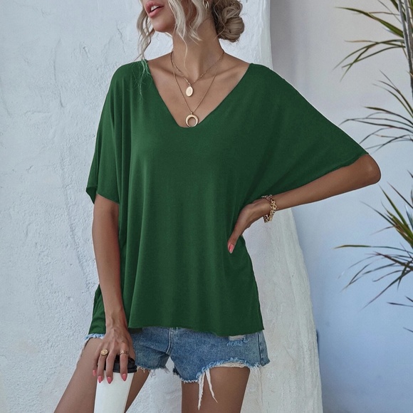 Olive V neck Classic Dolman Sleeve Oversized Top - Picture 3 of 10